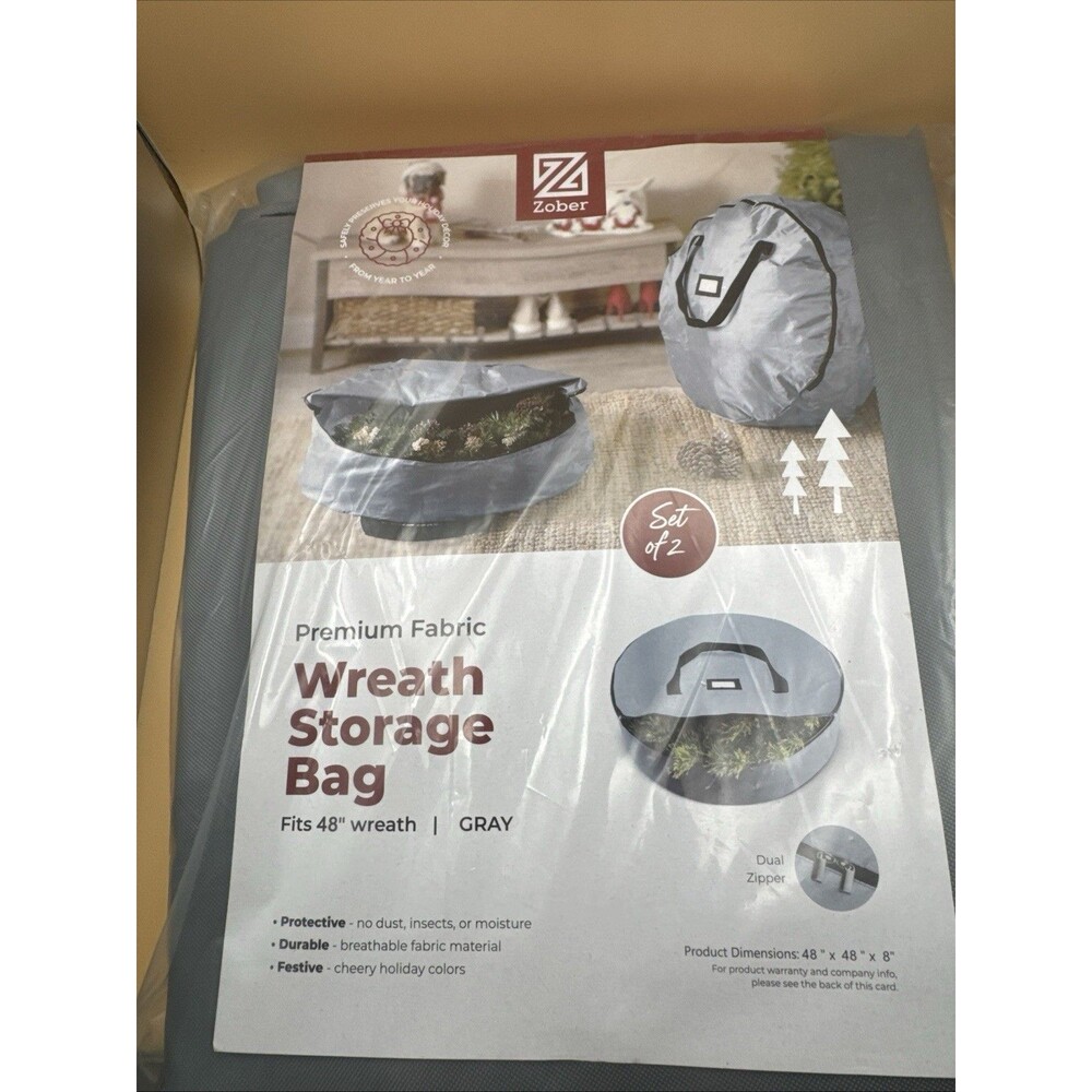 Set of 2 ZOBER Wreath Storage Bags 48” Gray New in Package 48x48x8